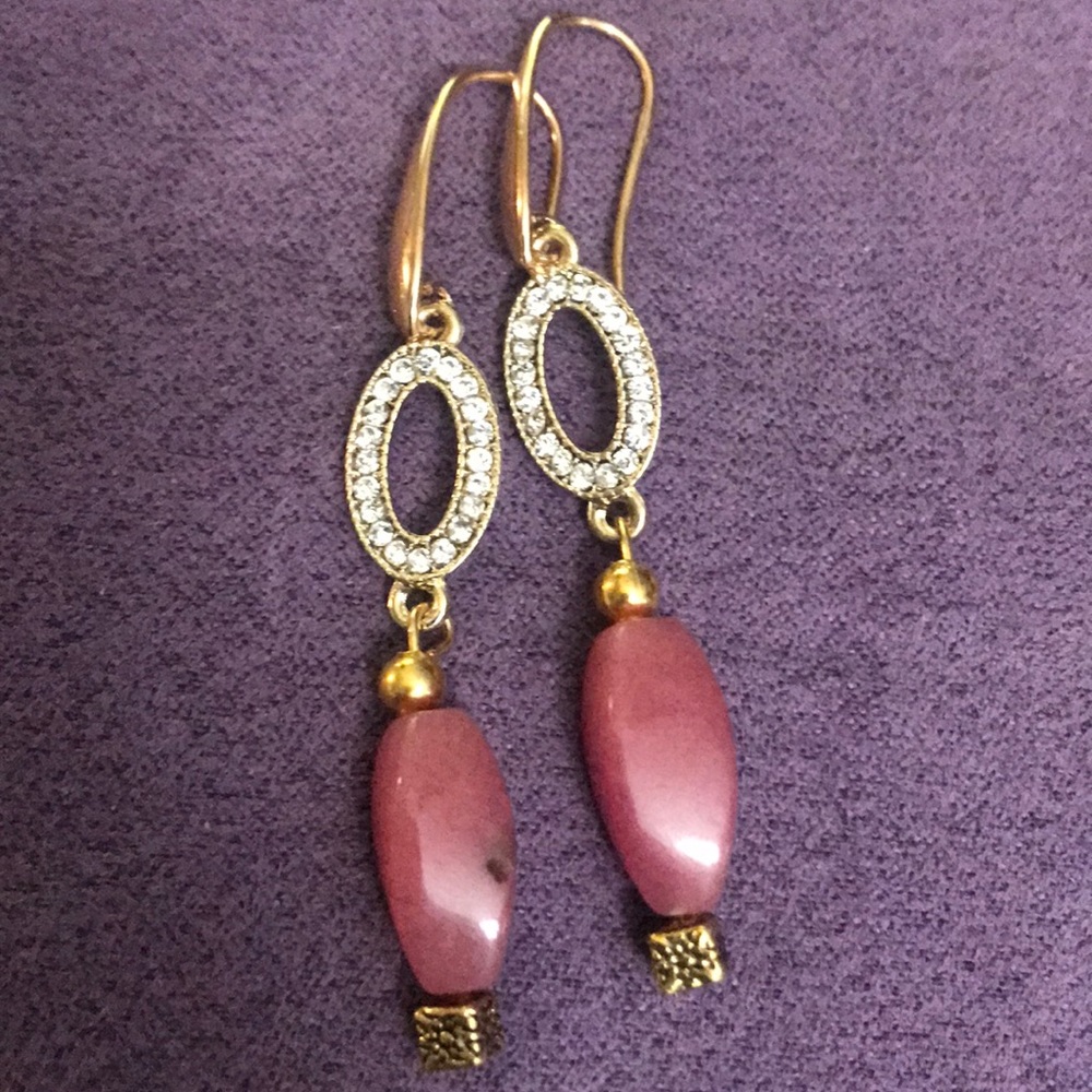 Pink Jade Gold-tone CZ Drop Earrings